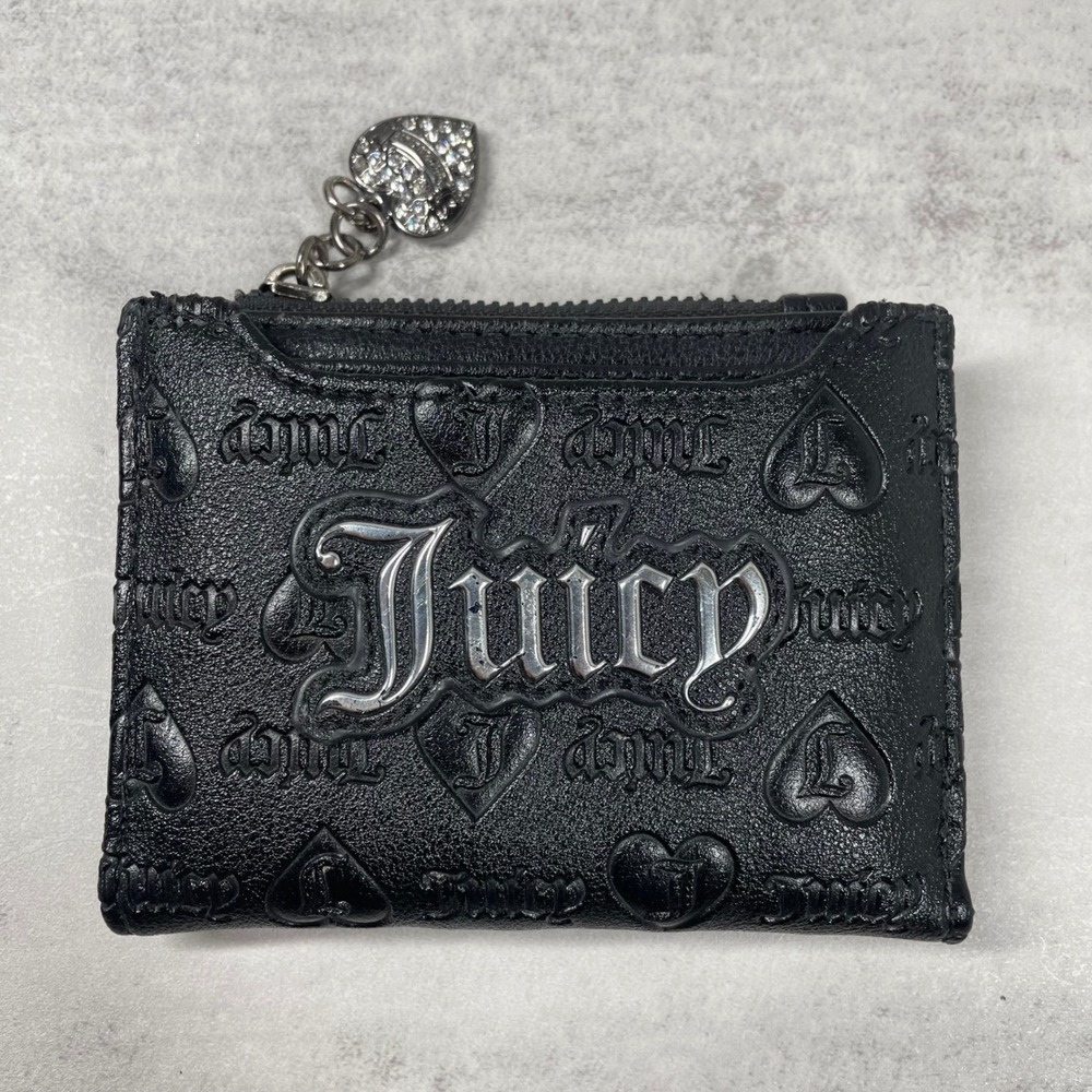 Juicy Couture Wallet Rhinestone Charm Y2K Embossed Heart Logo Bifold Black